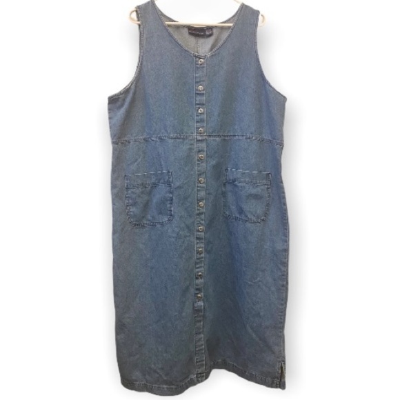 Plus Size 1X Denim Long Maxi Dress, CST Brand, Sleeveless, Jumper, Pockets, Y2K - Picture 1 of 5